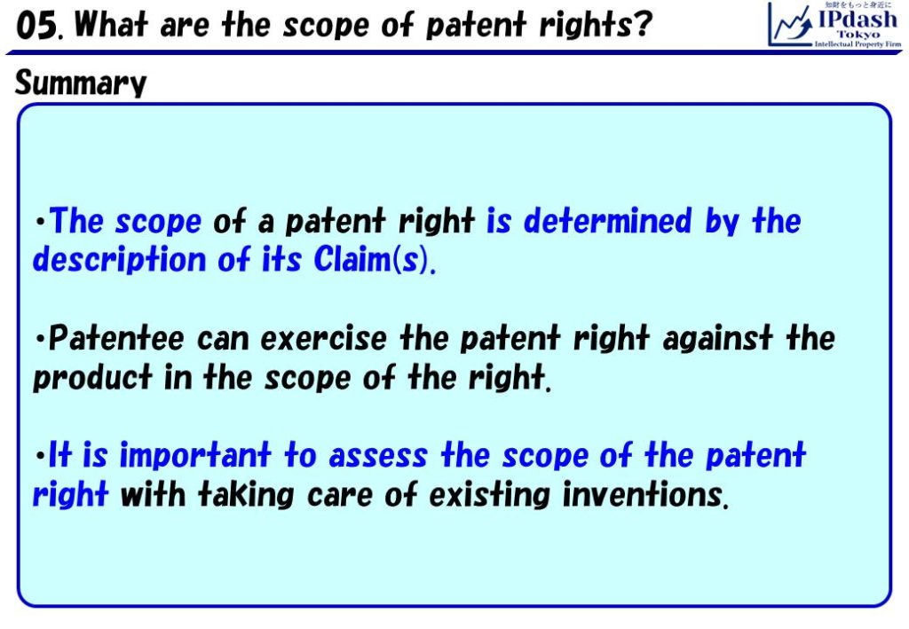 The scope of a patent right is determined by the description of its claim(s). Patentee can exercise the patent right against the product in the scope of the right. It is important to assess the scope of the patent right with taking care of existing inventions.
