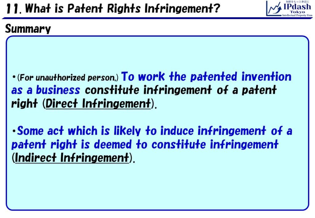 Summary: 1.(For unauthorized person,) To work the patented invention as a business constitute infringement of a patent right (Direct Infringement). 2.Some act which is likely to induce infringement of a patent right is deemed to constitute infringement of that (Indirect Infringement).