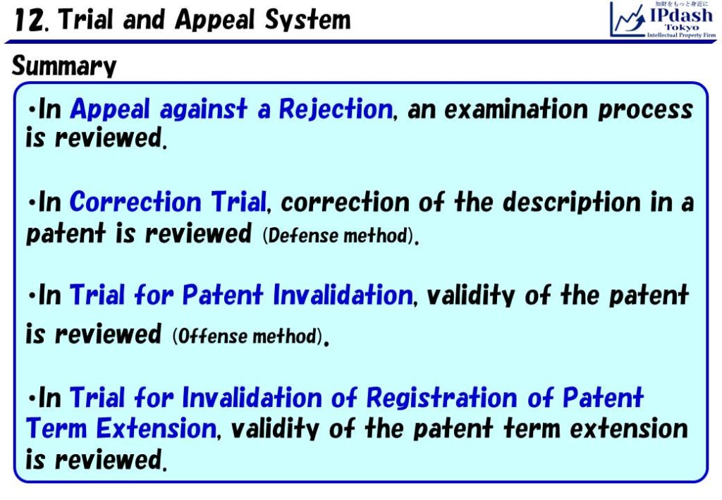 1.In Appeal against a Rejection, an examination process is reviewed. 2.In Correction Trial, correction of the description in a patent is reviewed (Defense method). 3.In Trial for Patent Invalidation, validity of the patent is reviewed (Offense method). 4.In Trial for Invalidation of Registration of Patent Term Extension, validity of the patent term extension is reviewed.