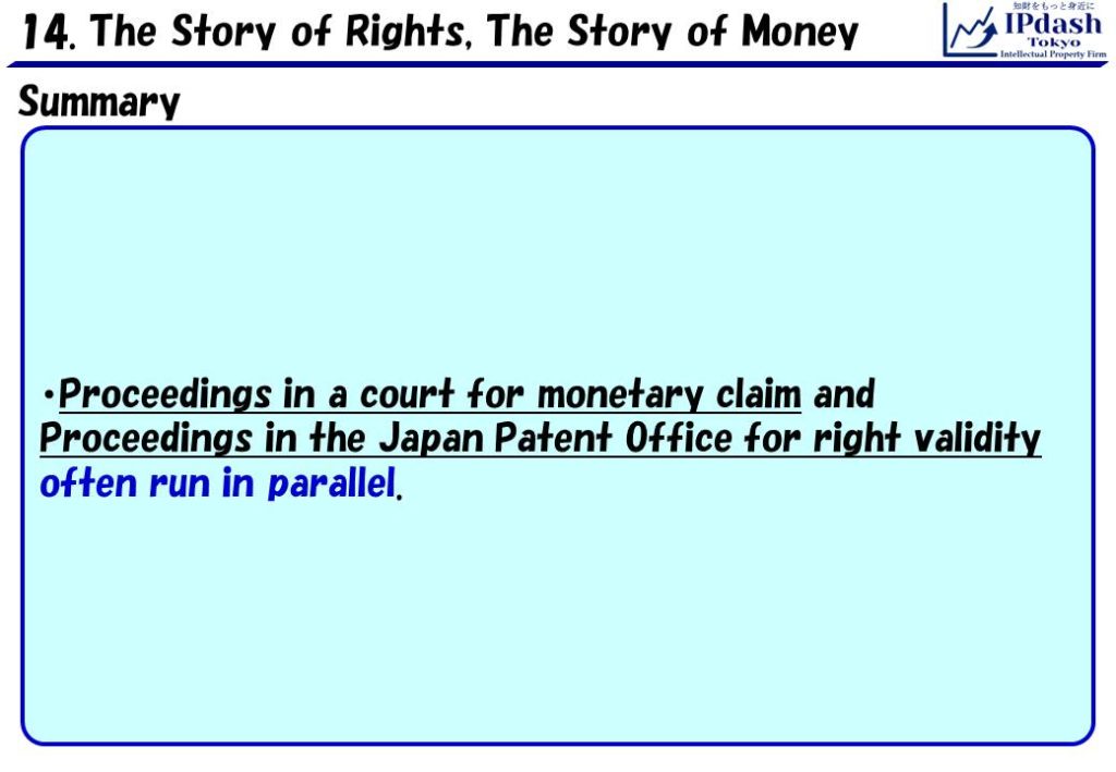Summary: Proceedings in a court for monetary claim and Proceedings in the Japan Patent Office for right validity often run in parallel.