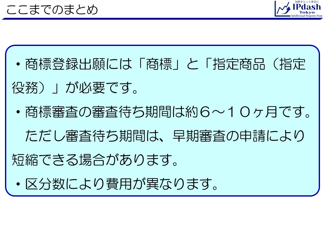 商標登録(商標権)とは？商標登録についてアッサリわかりやすく解説11_ここまでのまとめ:商標登録出願には商標と指定商品（指定役務）が必要です。/商標審査の審査待ち期間は約6～10ヶ月です。/審査待ち期間は、早期審査の申請により短縮できる場合があります。/区分数により費用が異なります。