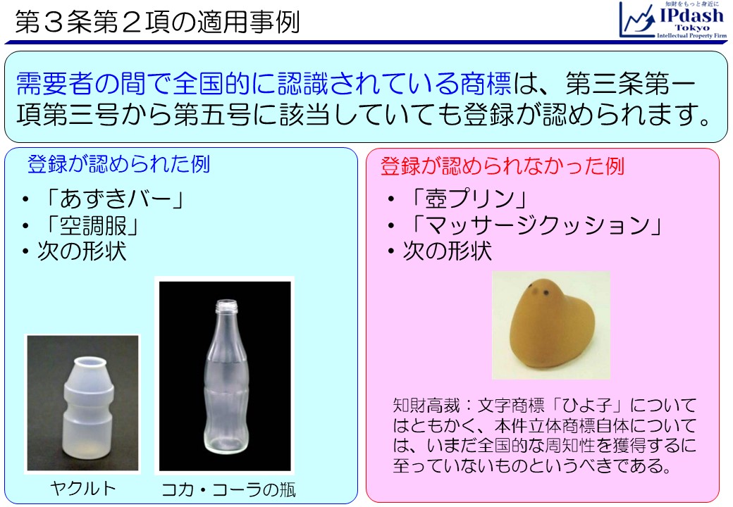 商標法第3条第2項です。需要者の間で全国的に認識されている商標は、第3条第1項第3号から第5号に該当していても登録が認められます。商標登録が認められた例として、「あずきバー」、「空調服」、ヤクルトの瓶の立体的形状、コカ・コーラの瓶の立体的形状などがあります。一方、商標登録が認められなかった例として、「壺プリン」、「マッサージクッション」、「ひよ子の立体的形状」などがあります。「ひよ子」の立体的形状に対する知財高裁の判断:文字商標「ひよ子」についてはともかく、本件立体商標自体については、いまだ全国的な周知性を獲得するに至っていないものというべきである。