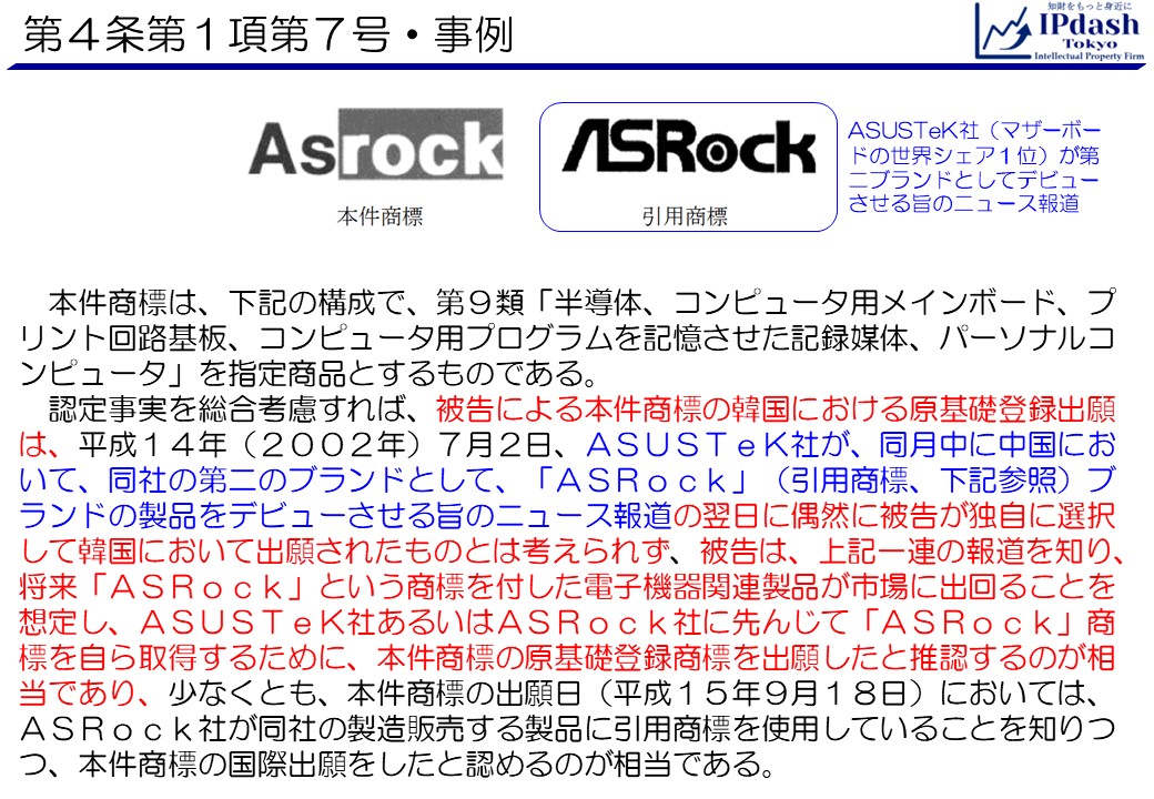 本件商標は、下記の構成で、第９類「半導体、コンピュータ用メインボード、プリント回路基板、コンピュータ用プログラムを記憶させた記録媒体、パーソナルコンピュータ」を指定商品とするものである。 　認定事実を総合考慮すれば、被告による本件商標の韓国における原基礎登録出願は、平成１４年（２００２年）７月２日、ＡＳＵＳＴｅＫ社が、同月中に中国において、同社の第二のブランドとして、「ＡＳＲｏｃｋ」（引用商標、下記参照）ブランドの製品をデビューさせる旨のニュース報道の翌日に偶然に被告が独自に選択して韓国において出願されたものとは考えられず、被告は、上記一連の報道を知り、将来「ＡＳＲｏｃｋ」という商標を付した電子機器関連製品が市場に出回ることを想定し、ＡＳＵＳＴｅＫ社あるいはＡＳＲｏｃｋ社に先んじて「ＡＳＲｏｃｋ」商標を自ら取得するために、本件商標の原基礎登録商標を出願したと推認するのが相当であり、少なくとも、本件商標の出願日（平成１５年９月１８日）においては、ＡＳＲｏｃｋ社が同社の製造販売する製品に引用商標を使用していることを知りつつ、本件商標の国際出願をしたと認めるのが相当である。