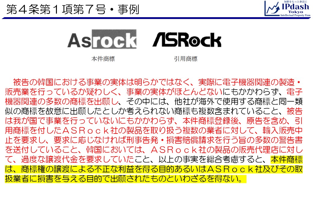 被告の韓国における事業の実体は明らかではなく、実際に電子機器関連の製造・販売業を行っているか疑わしく、事業の実体がほとんどないにもかかわらず、電子機器関連の多数の商標を出願し、その中には、他社が海外で使用する商標と同一類似の商標を故意に出願したとしか考えられない商標も複数含まれていること、被告は我が国で事業を行っていないにもかかわらず、本件商標登録後、原告を含め、引用商標を付したＡＳＲｏｃｋ社の製品を取り扱う複数の業者に対して、輸入販売中止を要求し、要求に応じなければ刑事告発・損害賠償請求を行う旨の多数の警告書を送付していること、韓国においては、ＡＳＲｏｃｋ社の製品の販売代理店に対して、過度な譲渡代金を要求していたこと、以上の事実を総合考慮すると、本件商標は、商標権の譲渡による不正な利益を得る目的あるいはＡＳＲｏｃｋ社及びその取扱業者に損害を与える目的で出願されたものといわざるを得ない。