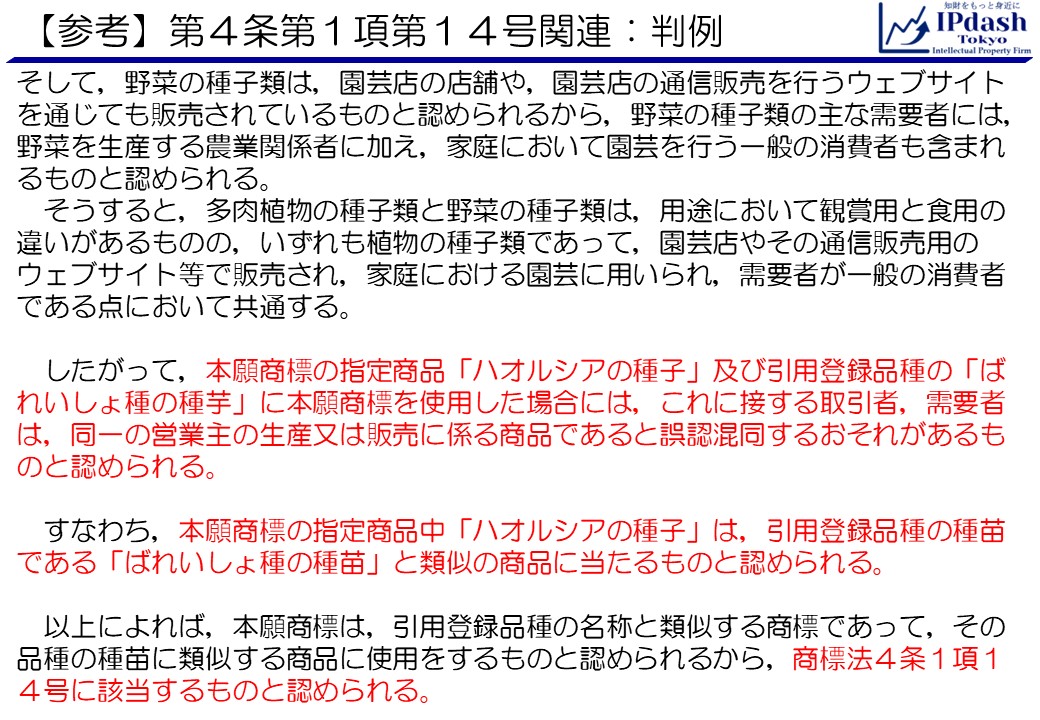 そして，野菜の種子類は，園芸店の店舗や，園芸店の通信販売を行うウェブサイトを通じても販売されているものと認められるから，野菜の種子類の主な需要者には，野菜を生産する農業関係者に加え，家庭において園芸を行う一般の消費者も含まれるものと認められる。 　そうすると，多肉植物の種子類と野菜の種子類は，用途において観賞用と食用の違いがあるものの，いずれも植物の種子類であって，園芸店やその通信販売用のウェブサイト等で販売され，家庭における園芸に用いられ，需要者が一般の消費者である点において共通する。 　したがって，本願商標の指定商品「ハオルシアの種子」及び引用登録品種の「ばれいしょ種の種芋」に本願商標を使用した場合には，これに接する取引者，需要者は，同一の営業主の生産又は販売に係る商品であると誤認混同するおそれがあるものと認められる。 　すなわち，本願商標の指定商品中「ハオルシアの種子」は，引用登録品種の種苗である「ばれいしょ種の種苗」と類似の商品に当たるものと認められる。 　以上によれば，本願商標は，引用登録品種の名称と類似する商標であって，その品種の種苗に類似する商品に使用をするものと認められるから，商標法４条１項１４号に該当するものと認められる。