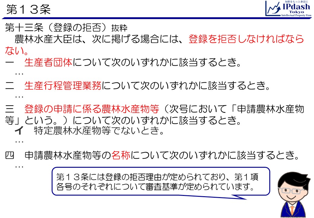 特定農林水産物等の名称の保護に関する法律(地理的表示法)第13条第1:項農林水産大臣は、次に掲げる場合には、登録を拒否しなければならない。 一　生産者団体について次のいずれかに該当するとき。 二　生産行程管理業務について次のいずれかに該当するとき。 三　登録の申請に係る農林水産物等（次号において「申請農林水産物等」という。）について次のいずれかに該当するとき。 イ　特定農林水産物等でないとき。 ロ　その全部又は一部が登録に係る特定農林水産物等のいずれかに該当するとき。 四　申請農林水産物等の名称について次のいずれかに該当するとき。 第13条には登録の拒否理由が定められており、第1項各号のそれぞれについて審査基準が定められています。