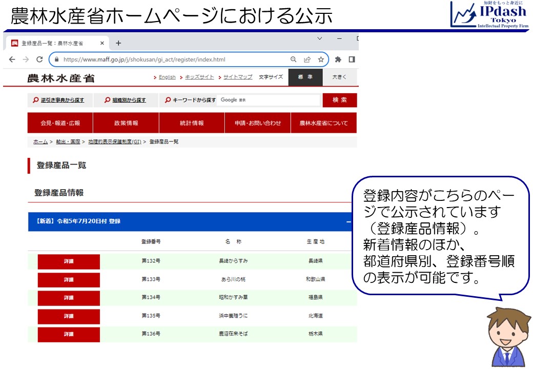 農林水産省のホームページにおける、登録内容の公示です。登録産品一覧を見ることができます。GI登録産品の新着情報のほか、都道府県別、登録番号順の表示が可能です。